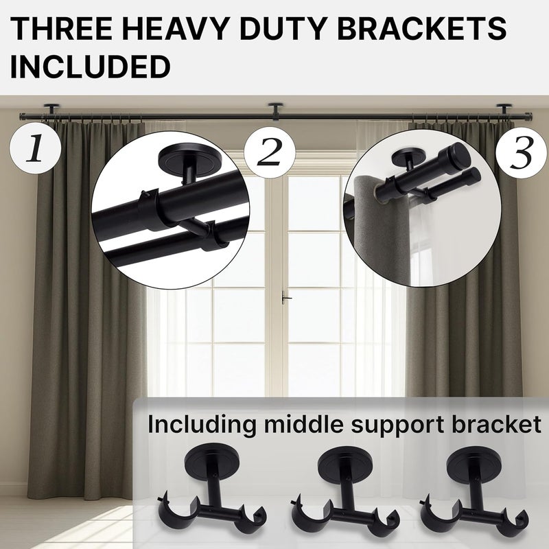 A Key Tech Ceiling Mounted Double Curtain Rod, Heavy Duty Black Double Curtain Rod, Drapery Holder with Three Ceiling Mount Brackets and Installation Hardware Included (Matte Black, 48-84") - Image 4